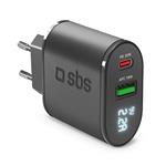 SBS - Cestovný adaptér s LCD USB-A/USB-C, PD 20 W, čierna